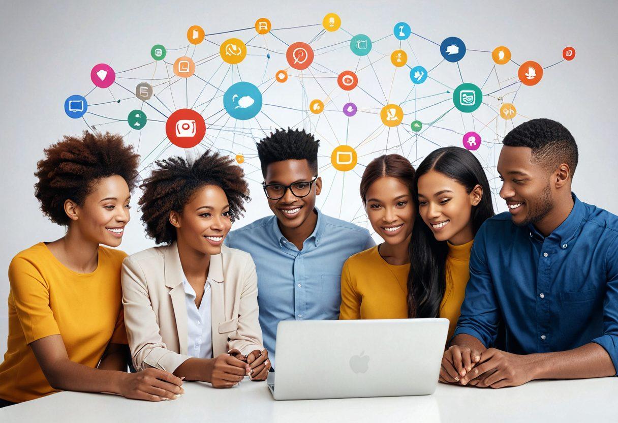 A diverse group of people engaged in lively discussions around a modern digital interface, showcasing various tech gadgets and social media icons. The background features a glowing network of connections symbolizing a vibrant online community. Emphasize a sense of connection and curiosity with warm, inviting colors. super-realistic. vibrant colors. white background.