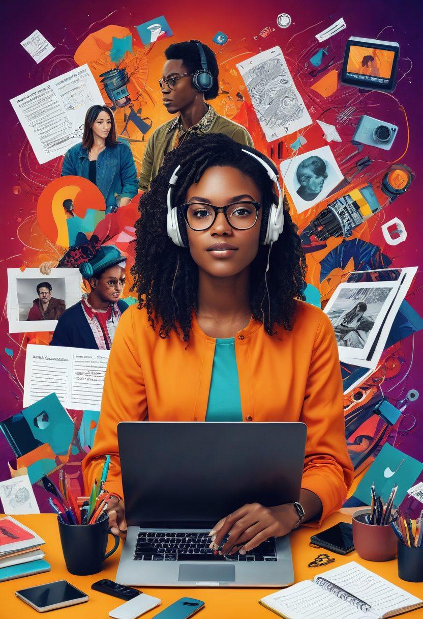 A vibrant collage of diverse content creators in action, including a young woman writing on a laptop, a man recording a podcast, and a group discussing ideas around a table, surrounded by various digital tools like cameras, microphones, and notebooks. The background features colorful graphics symbolizing engagement, creativity, and journalism. warm colors. modern digital art.