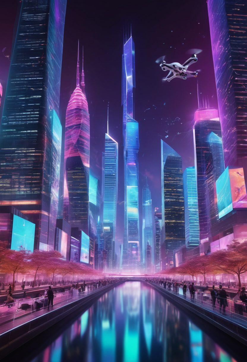A futuristic city skyline brimming with innovative technology, featuring floating holograms of news articles and digital devices in use by diverse people. The scene captures a blend of modernity and advanced journalism, with elements like drones and virtual reality headsets integrated into everyday life. Bright neon colors illuminate the environment, enhancing the tech-savvy atmosphere. surrealistic. vibrant colors. high contrast.